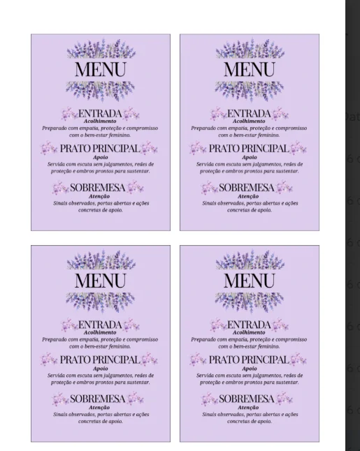 Cartões de Menu para encontro feminino — entrada, prato principal e sobremesa