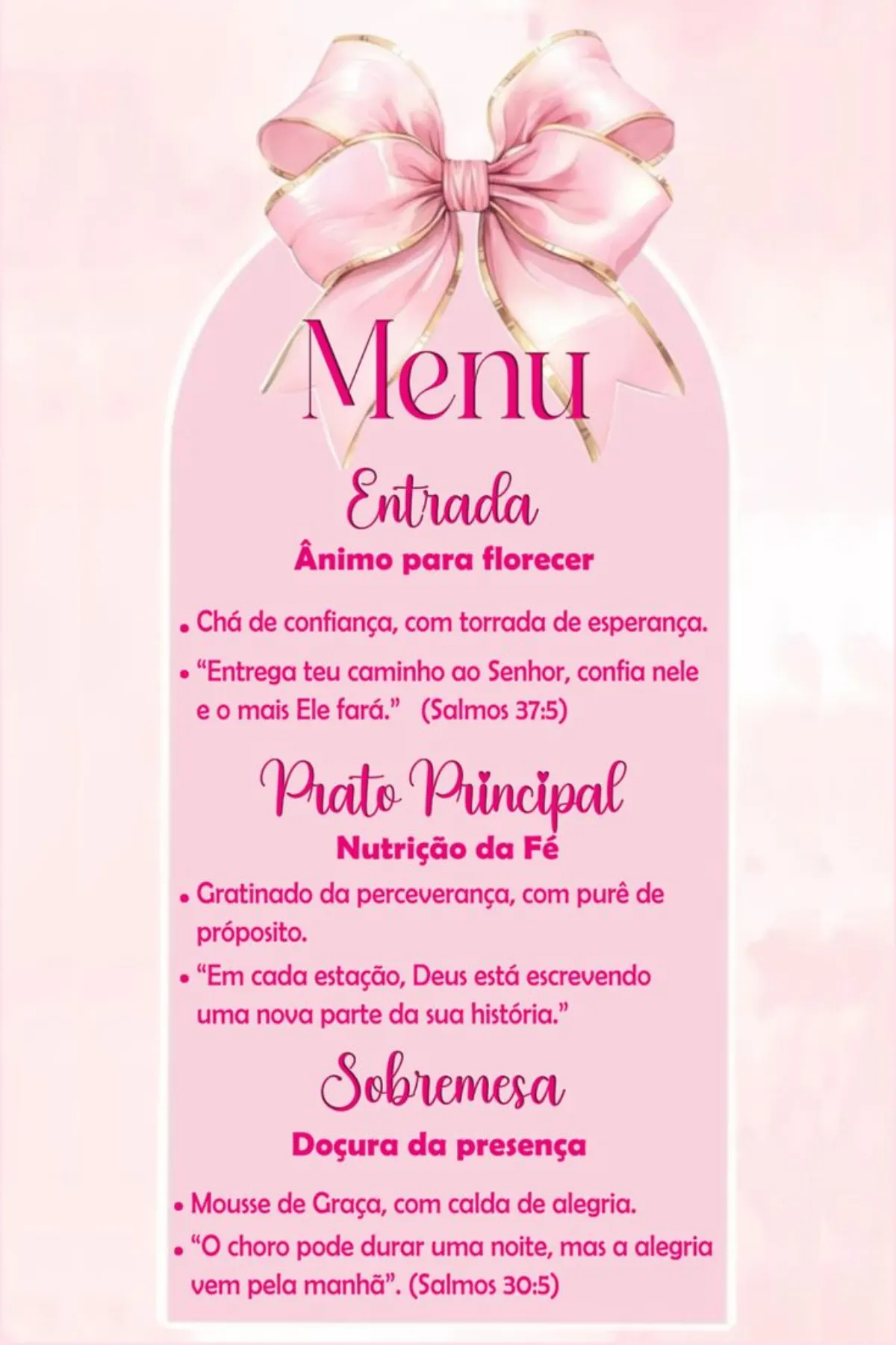 Menu temático rosa com Entrada, Prato Principal e Sobremesa espiritual