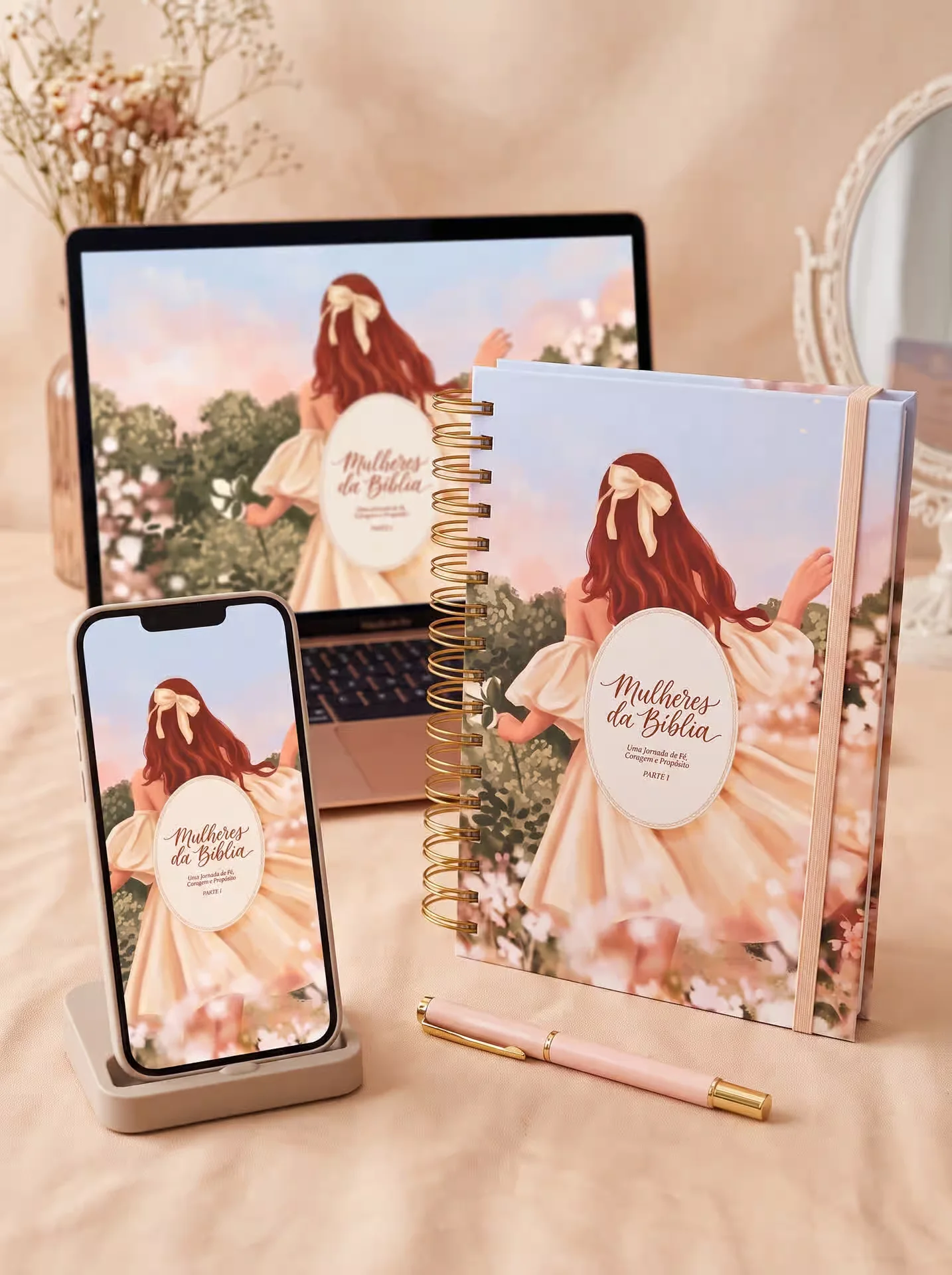Devocional Mulheres da Bíblia no celular, computador e caderno